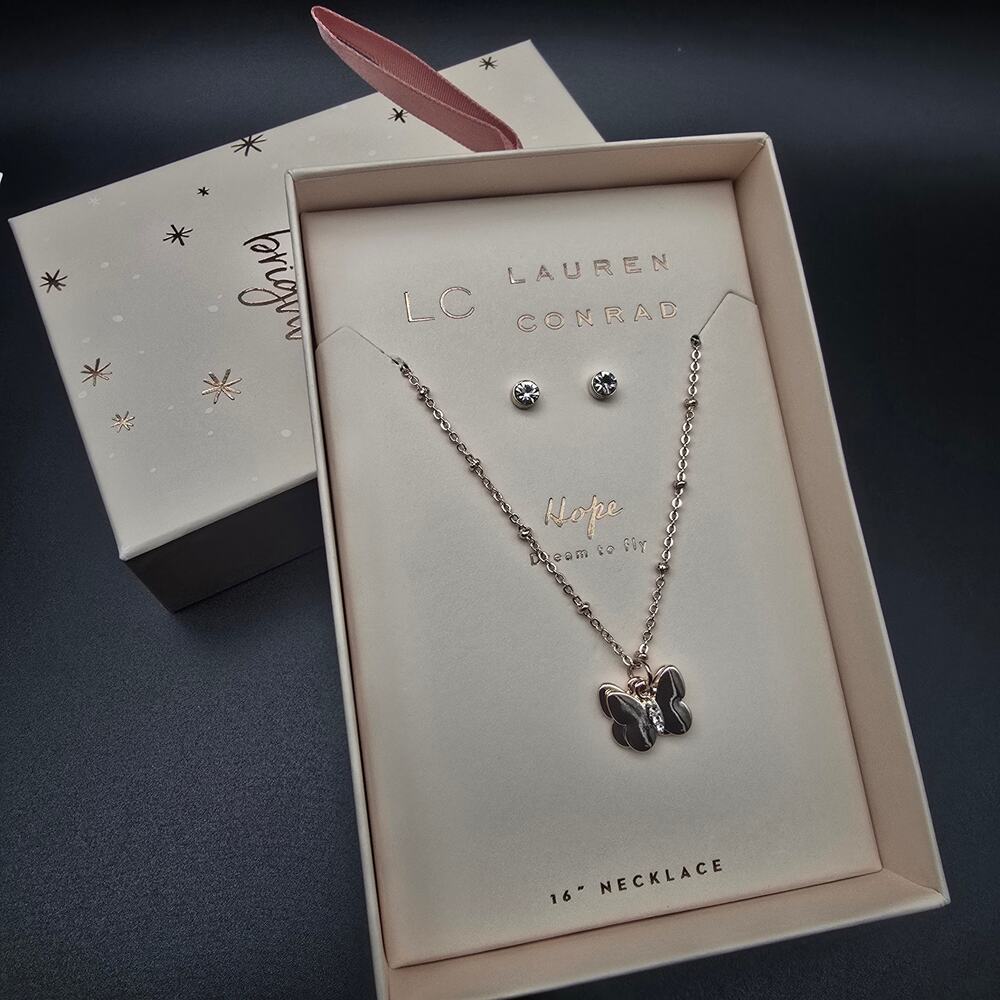 Lauren Conrad LC Butterfly Necklace Gift Box Set Rose Gold Tone NIB